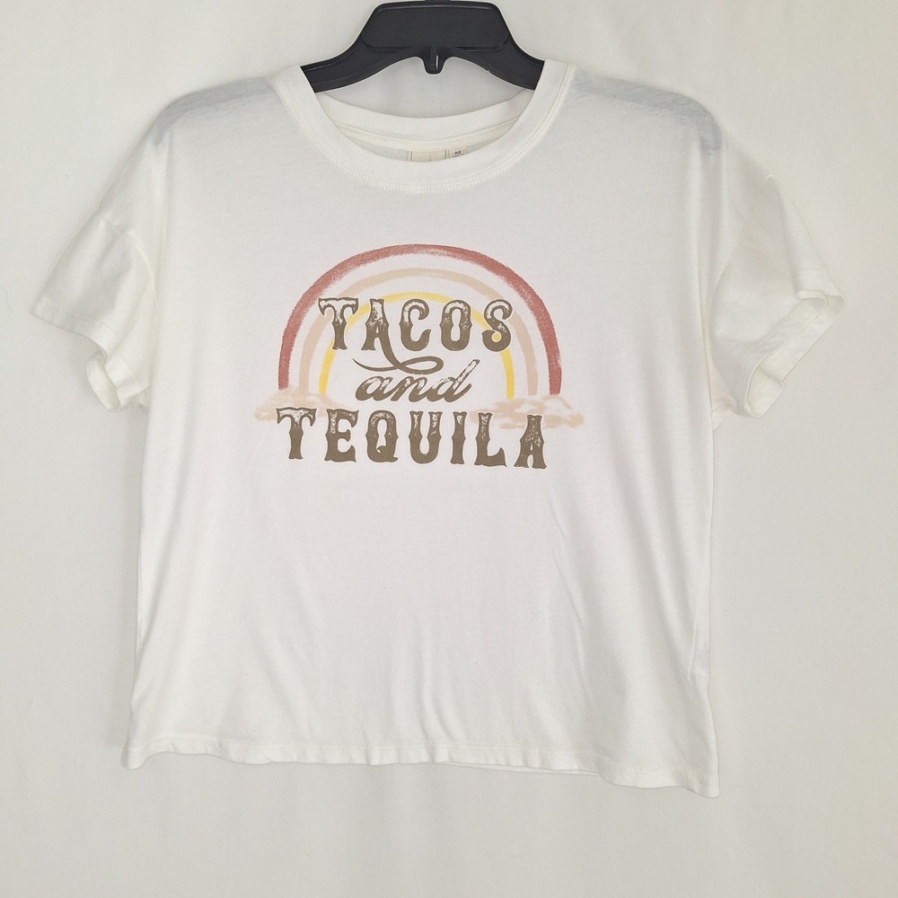 Boho bohemian 100% Cotton Retro Chic Knit White Crow Tacos and Tequila Graphic M